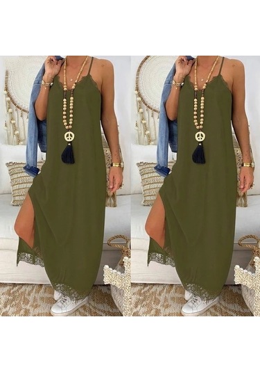 Kadın Haki Dantel Detay Viskon Elbise 3798 Haki