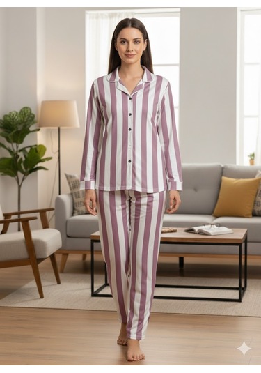 Kadın Düğmeli Pijama Takımı Mor