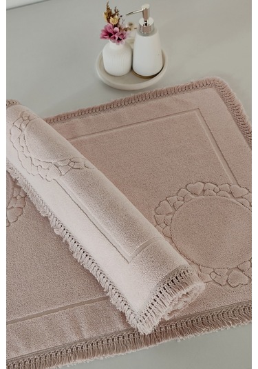 2'li Set Püskül Dantelli Ayak Havlusu 50x70 Cm - Yumuşak Ve Su Emici Pudra
