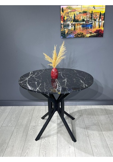 Sedef Siyah Mermer Yuvarlak Mutfak Masası Yemek Masası Balkon Masası Metal Siyah Ayak 100 Cm