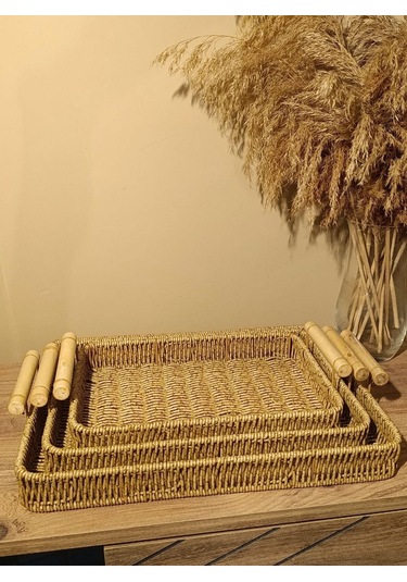 Hasır Rattan Sunum Tepsi 3'lü Organizer Bambu Kulplu Dikdörtgen Diğer