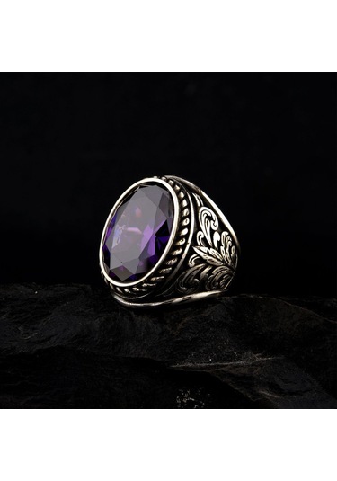 925 Ayar Gümüş Yaprak İşlemeli Ametist Taşlı Erkek Yüzük Çok Renkli