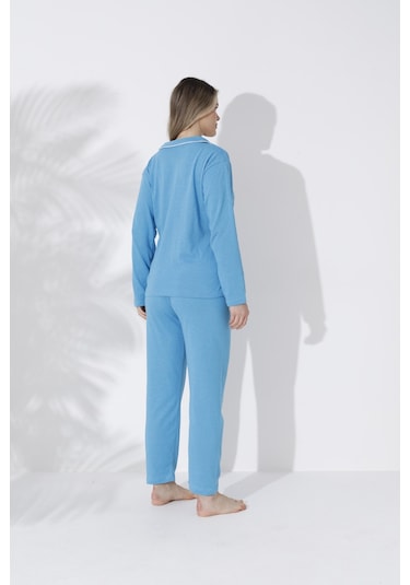 Gömlek Uzun Kol Pijama Takımı Mavi