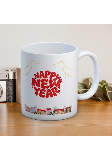 Yılbaşı Temalı Happy New Year Yazılı Hediyelik Kupa Beyaz