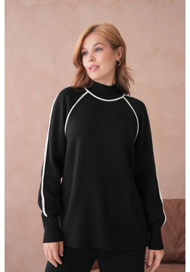 Kadın Dik Yaka Yarım Pat Fermuar Yırtmaçlı Kazak Pantolon İkili Triko Takım Siyah