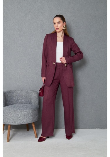 Kare Düğmeli Yünefekt Takım Mürdüm Düz Mürdüm