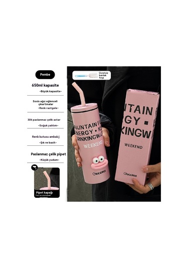 Velvettides Sınır Ötesi Siyah Toz Çift Yüksek Değerli Termos Bardak Basit Paslanmaz Çelik Taşınabilir Pipet Bardak Yazdırılabilir Logo Su Bardağı Toptan Tatlı Ve Serin Toz 650ml Eğlenceli 3d Çıkartmaları