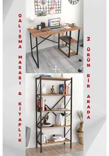 2 Raflı Çalışma Masası Bilgisayar Masası Ofis Ders Masası + 5 Raf