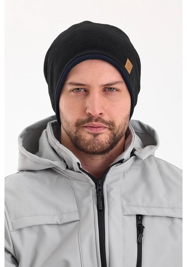 Erkek Siyah Polar Dış, Kahve Pamuklu Iç Kısım, Çift Renk Çift Katmanlı Katlanabilir Yumuşak Bere - Standart / Siyah-lacivert Siyah-lacivert