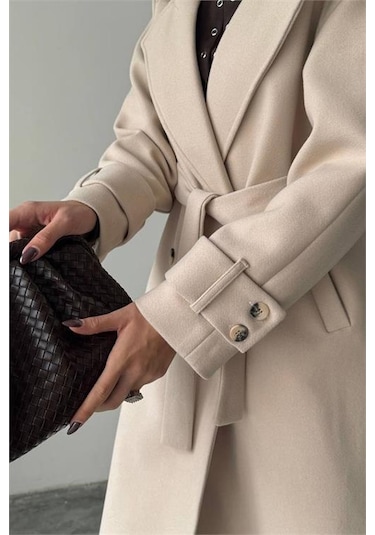 Neşeli Butik Kadın Kuşak Detaylı Astarlı Kaşe Kaban Nbg120 Bej
