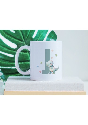 J Harfi Sevimli Dinozor Kupa Bardak - Açık Yeşil Yıldız Detaylı Dino Tasarım - Hediye Beyaz