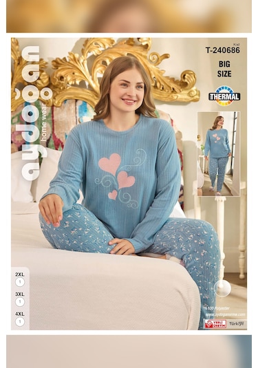 Aydoğan Kadın Suzi Büyük Beden Termal Mavi Pijama Takım 0686 Mavi