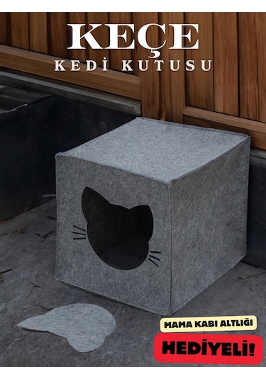 Yunusoğlu Home Keçe Kedi Yuvası Dekoratif Mama Kabı Altlığı Hediyeli Organizer Düzenleyici Katlanabilir Gri Gri