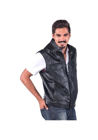 Dericlub E-04 Gür Gerçek Deri Erkek Yelek Siyah