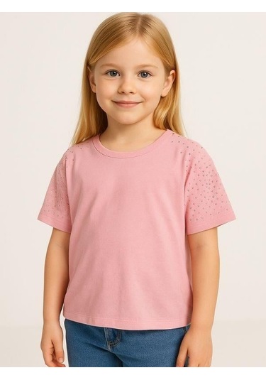 Kız Çocuk Taş İşlemeli Pamuklu T-shirt-15981 Pembe