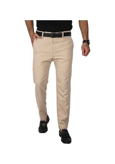 Deepsea Erkek Bej İtalyan Kesim Tüylenmez Likralı Spor Pantolon Esnek Kumaş Bilek Boy Boru Paça Klasik Pantolon 2502005 Bej