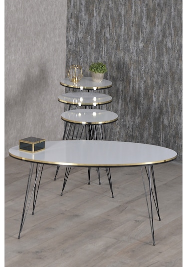 Zigon Sehpa Ve Orta Sehpa Elips Set Siyah Tel Ayak Çift Altın Bey