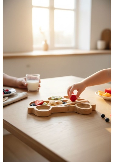 Araba Figürlü Bambu Bebek Mama Seti Bölmeli Tabak + Kaşık Çatal Seti Bej