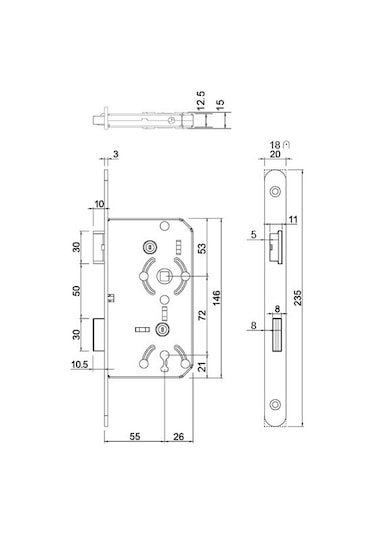 Hafele Gömme Kilit Oda Tipi 55/18mm. Sol Yönlü Mat Siyah Renk