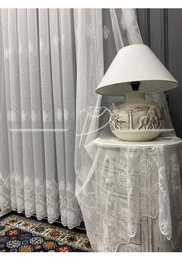 Tül Perde Taç Marka Fesli Desen Etek Bohreli Serpme Desenli Tül-2 Çok Renkli