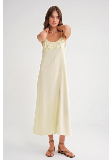 4742 Kadın İp Askılı Büzgü Detaylı Midi Elbise Sarı Sarı