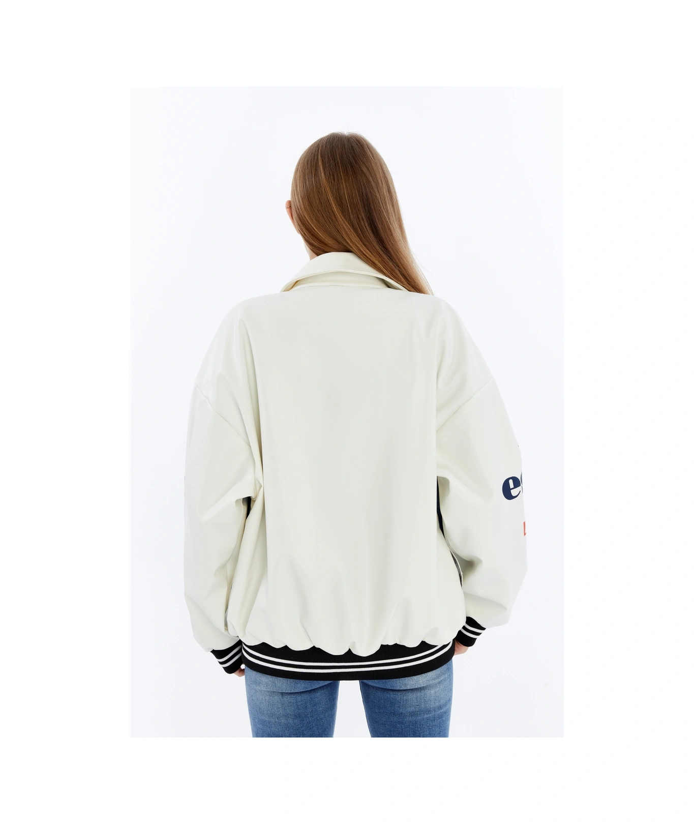 Kadın Oversize Deri Ve Kot Birleşimi Baskılı Kolej Mont Ribanalı Bomber Ceket Motorcu Yarışçı Mont Beyaz