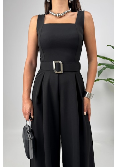 Noir Flow Kadın Siyah Kemerli Askılı Bol Paça Tulum Zarif Şıklık Siyah
