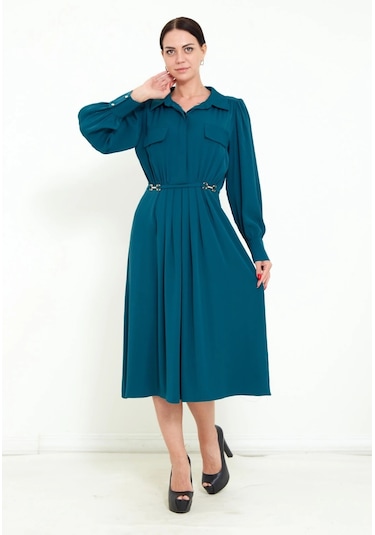 Modatalika Kadın Pile Detaylı Kemerli Gömlek Yaka Şık Uzun Kolu Midi Elbise Petrol Yeşili