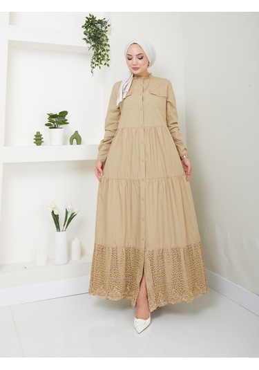 Dantelli Doğal Kumaşlı Boydan Düğmeli Kot Elbise Haki