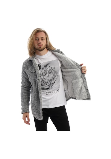 Erkek Çıt Çıt Detaylı Cepli Peluş Ceket Açık Gri-melanj Gri Melanj