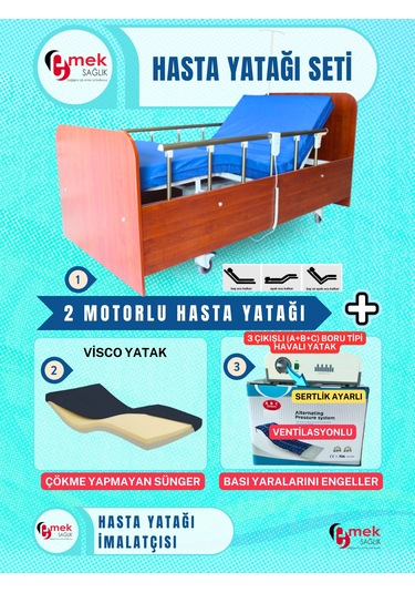 2 Motorlu Ahşap Hasta Karyolası Abc Boru Tipi Havalı Yataklı Set