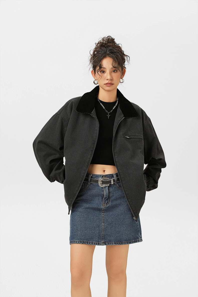 Snapbuy Yıkanmış Denim Ceket, Amerikan Retro Stili, Kontrast Yakalı, Bol Kesim Siyah