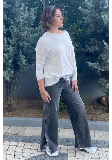 Büyük Beden Gri Yandan Çıtçıt Detaylı Kot Pantolon Gri