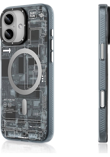 İphone 16 Uyumlu Kılıf Magsafe Şarj Özellikli Youngkit Technology Serisi Kapak Gri