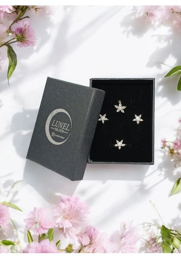 İnce Yapraklı Çiçekli Taşlı Gümüş Takı Seti 925 Ayar Şık Ve Zarif Kadın Aksesuarı Gümüş