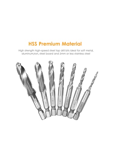 Fosenze 7'li Hss İvme Tala Ve Tap Seti - 1/4" Altıgen Saplı, Gümüş Renkli, M3-m12 Boyutları, Yumuşak Metal-ıçin Uygun