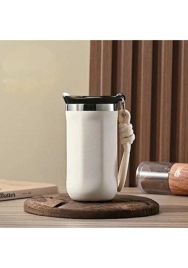 350 Ml Paslanmaz Çelik Bardak Termos, Çift Katmanlı, Sızdırmaz Kapaklı Krem