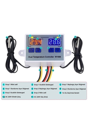 Yate10 W1088 Ac 220v 10a Çift Kontrollü Termostat