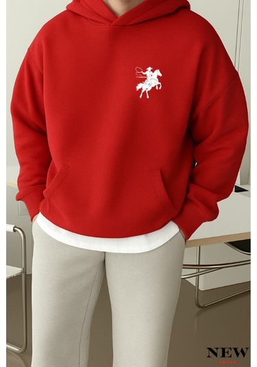 Koşan Atlı Baskılı Sweatshirt Kırmızı