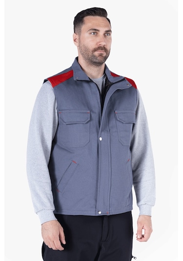 Dik Yakalı Kapitoneli Yelek Gri - Kırmızı