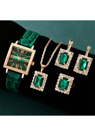 Kadın Vintage Kare Kuvars Saat Analog Ve Kolye+küpe+yüzük Takı S Yeşil