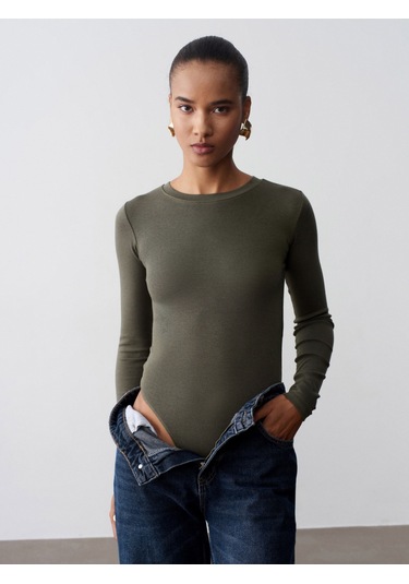Dilvin 32695 Uzun Kollu Bodysuit-haki Haki