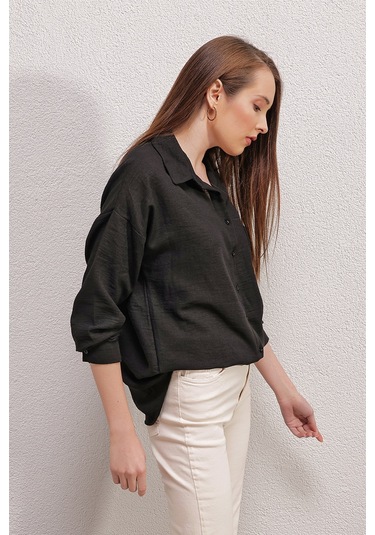 Bigdart 20153 Tek Cepli Oversize Gömlek - Siyah 001