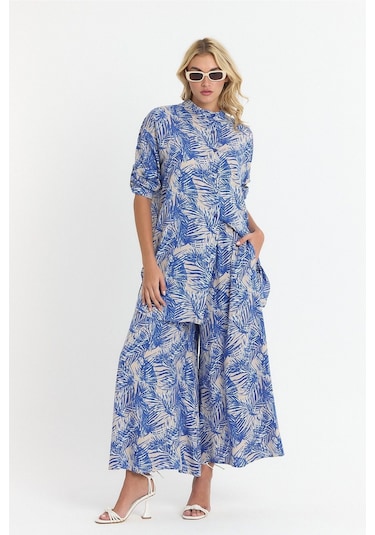 Schık Kadın Viskon Rahat Bol Paça Truvakar Kol Önü Düğme Baskılı Takım Saks