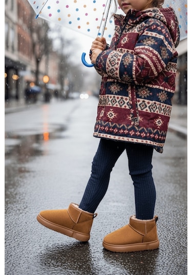 Muggo Dippery Çocuk Kalın Taban İçi Tüylü Günlük Mini Yarım Bot Taba