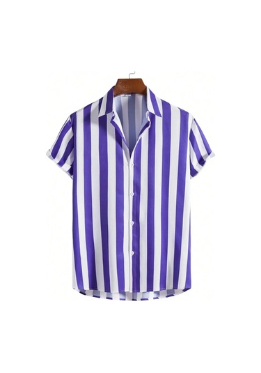 Snapbuy 2025 Erkek 3d Havai Gömlek - Basit Çizgili, Gevşek Nefes, Yazlık Kısa Kollumor Mor