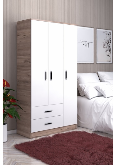 ABETEMOBİLYA 3 Kapılı 2 Çekmeceli Ceviz-Beyaz Gardırop