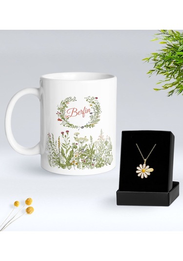 Bk Gift Kişiye Özel İsimli Çiçek Tasarımlı Beyaz Kupa Ve Papatya Kolye Hediye Seti - 13, Sevgiliye Hediye, Anneye Hediye, Arkadaşa Hediye Kobitmeyenco