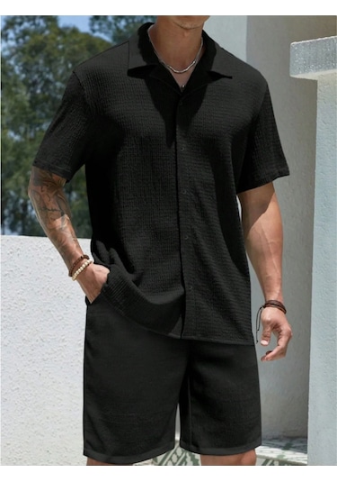 Alaçatı Stili, Erkek, Bürümcük, Krinkıl Kumaş, Yazlık Likralı Gömlek, Ve Şort Jogger Takım, Kombini Kum - Siyah