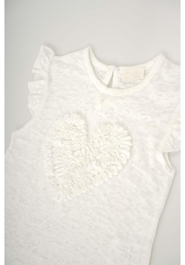 Kız Bebek Kalp Desenli Kol Modelli Pamuk Tişört Ekru